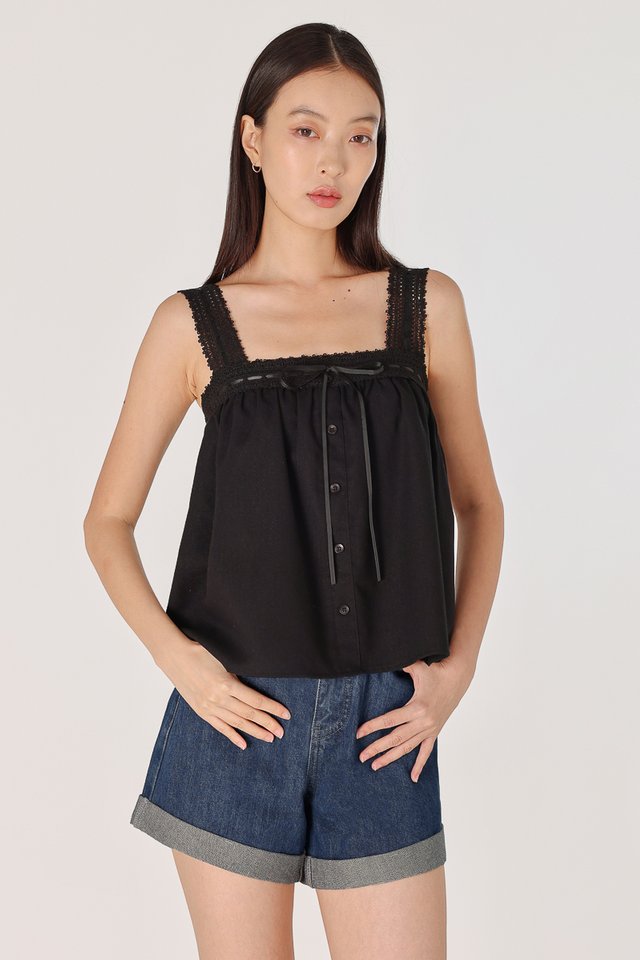 LOVELLA PADDED LINEN LACE TRIM TIE RIBBON BABYDOLL TOP (BLACK)