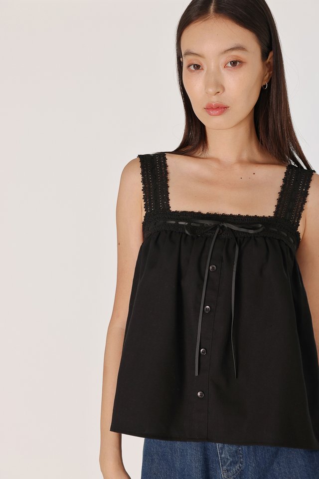 LOVELLA PADDED LINEN LACE TRIM TIE RIBBON BABYDOLL TOP (BLACK)