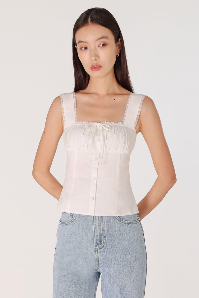 MABLE PADDED RUCHED LACE TRIM RIBBON BUTTON TOP (WHITE)