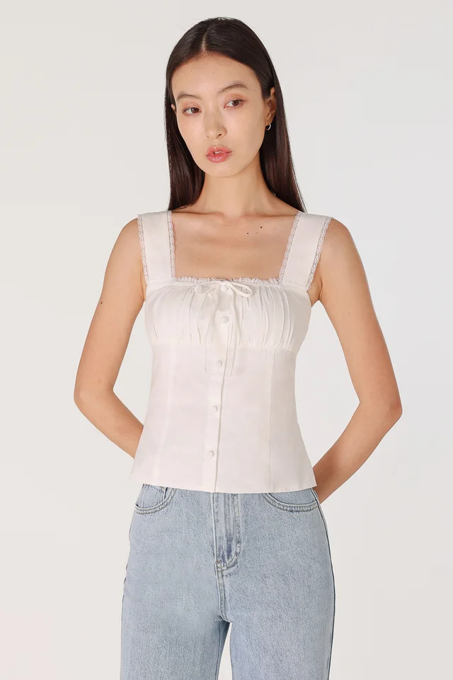 MABLE PADDED RUCHED LACE TRIM RIBBON BUTTON TOP (WHITE)