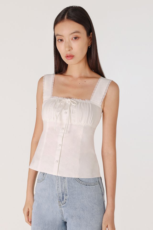 MABLE PADDED RUCHED LACE TRIM RIBBON BUTTON TOP (WHITE)