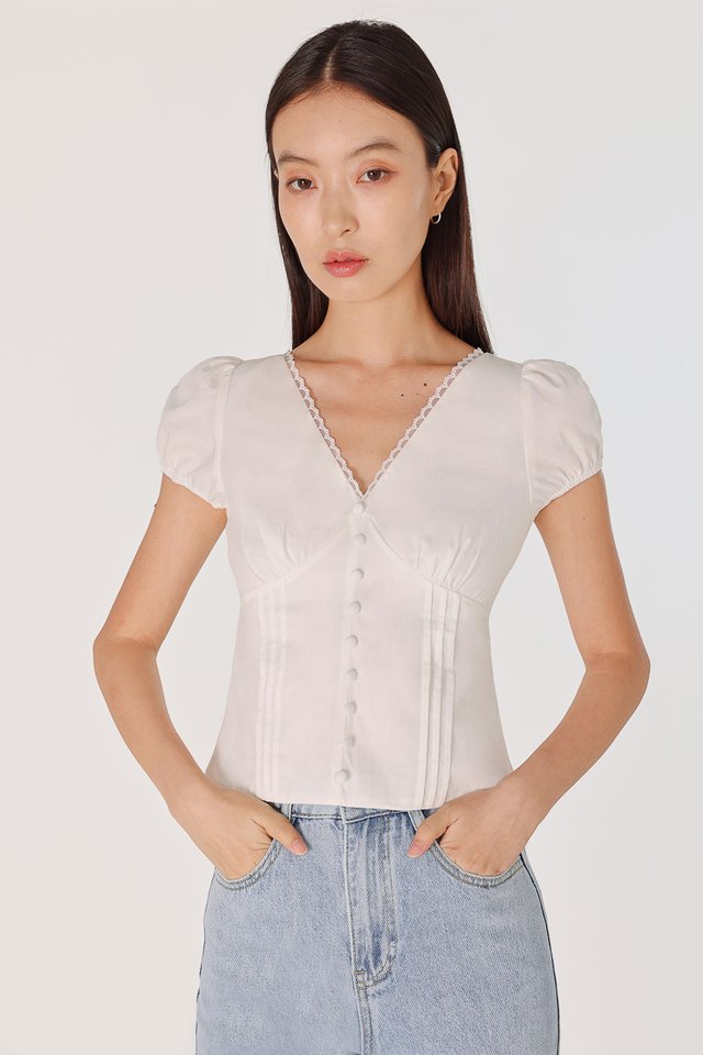 NESSA PINTUCK LACE TRIM BUTTON PUFF SLEEVE TOP (WHITE)