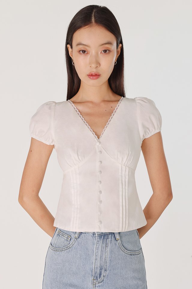 NESSA PINTUCK LACE TRIM BUTTON PUFF SLEEVE TOP (WHITE)