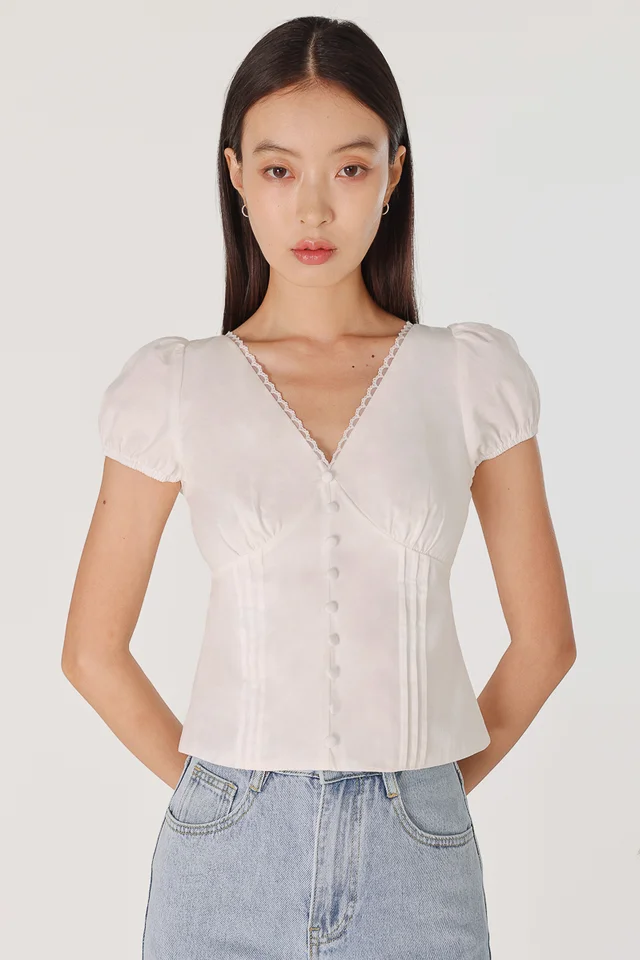 NESSA PINTUCK LACE TRIM BUTTON PUFF SLEEVE TOP (WHITE)