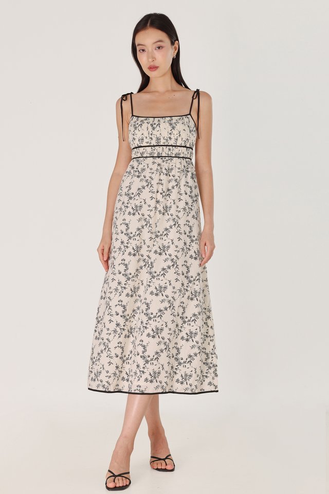 ROSANNE PADDED FLORAL RUCHED CONTRAST TRIM RIBBON-TIE MIDAXI DRESS