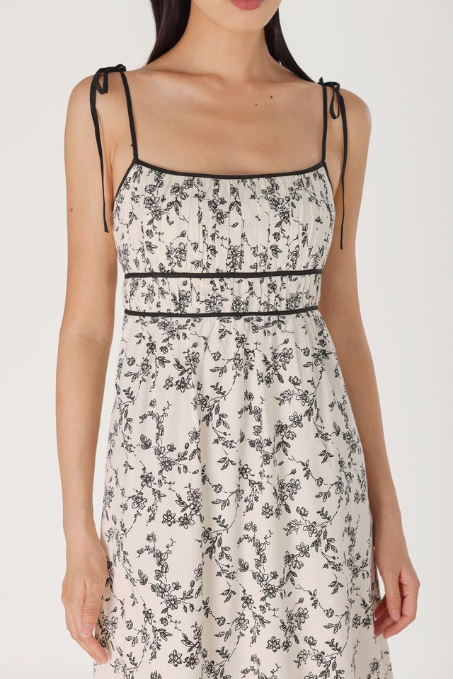 ROSANNE PADDED FLORAL RUCHED CONTRAST TRIM RIBBON-TIE MIDAXI DRESS