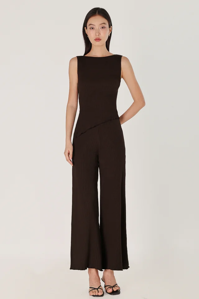 MARLOWE RIBBED LETTUCE HEM STRAIGHT LEG PANTS - REGULAR (ESPRESSO)