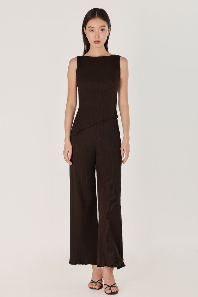 MARLOWE RIBBED LETTUCE HEM STRAIGHT LEG PANTS - REGULAR (ESPRESSO)