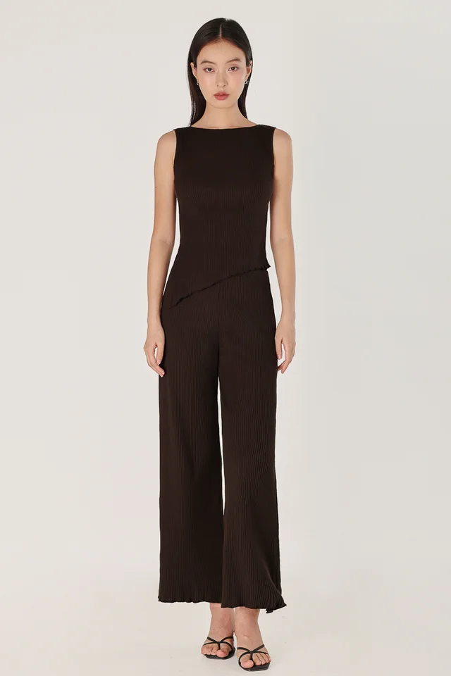 MARLOWE RIBBED LETTUCE HEM STRAIGHT LEG PANTS - REGULAR (ESPRESSO)