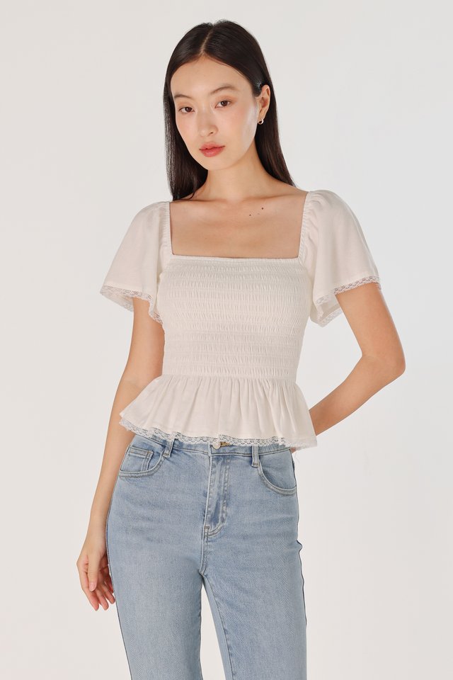 MIRABELLE PADDED LACE TRIM FLUTTER SLEEVE SMOCKED TOP (WHITE)