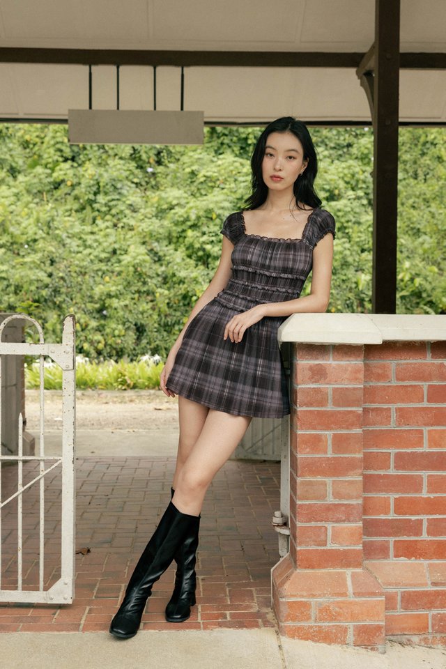 SHERINA PADDED MESH PLAID RUCHED SKORTS DRESS