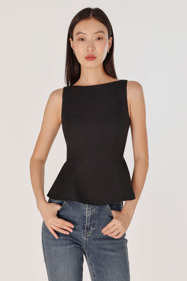 CLAUDETTE PADDED BOATNECK BACK CUT-OUT RIBBON TIE-BACK TOP (BLACK)