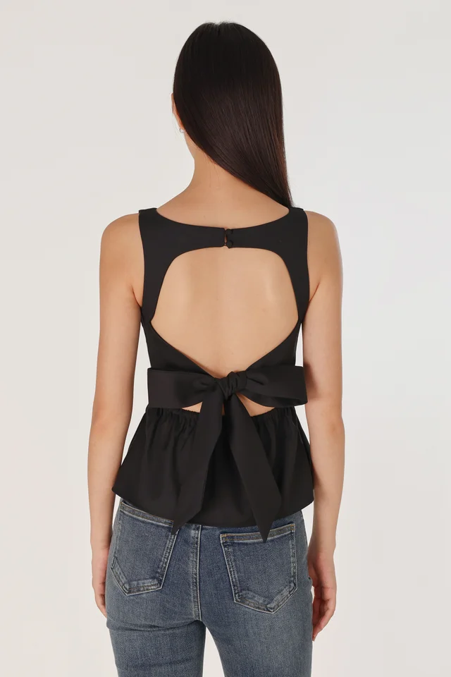 CLAUDETTE PADDED BOATNECK BACK CUT-OUT RIBBON TIE-BACK TOP (BLACK)
