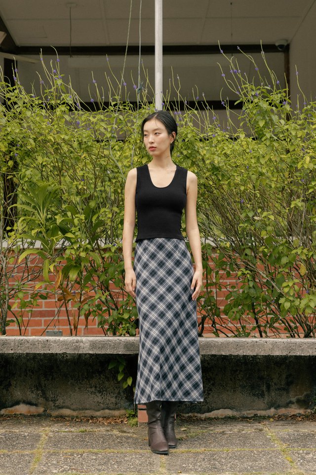 ALVA MESH PLAID BIAS MIDAXI SKIRT (BLUE)