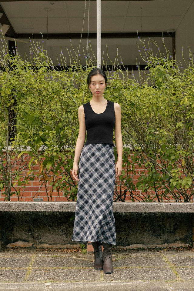 ALVA MESH PLAID BIAS MIDAXI SKIRT (BLUE)