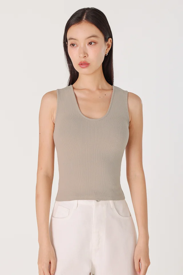 NARELLE PADDED SCOOP NECK RIBBED TANK TOP (TAUPE)