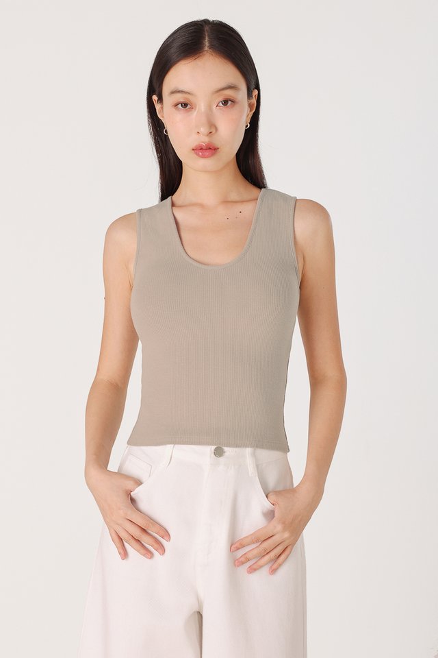 NARELLE PADDED SCOOP NECK RIBBED TANK TOP (TAUPE)