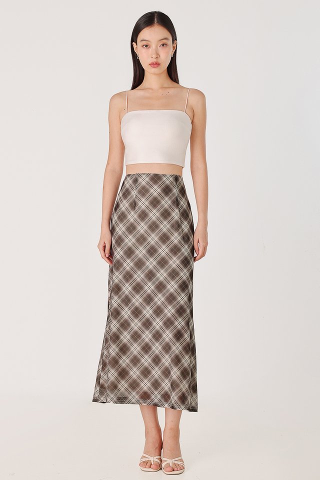 ALVA MESH PLAID BIAS MIDAXI SKIRT (BROWN)