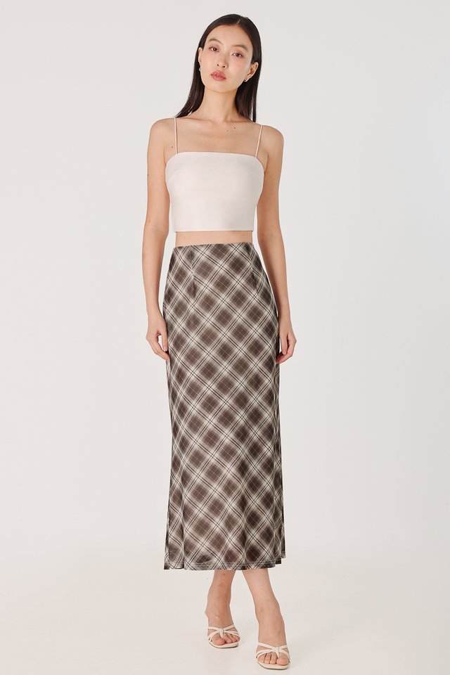 ALVA MESH PLAID BIAS MIDAXI SKIRT (BROWN)
