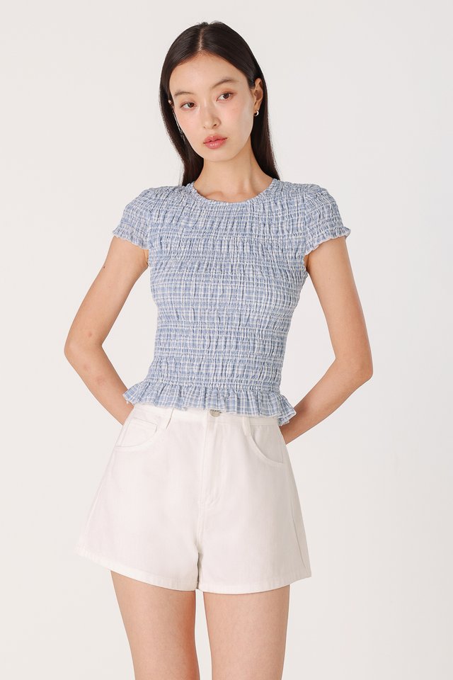 NOVALIE CHECKERED SMOCKED CAP SLEEVE TOP (BLUE)