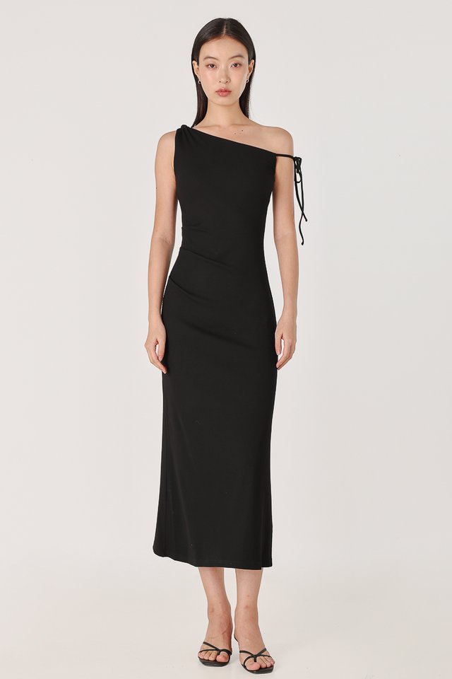 JAYLEA PADDED OFF-SHOULDER RIBBON RIBBED MAXI DRESS (BLACK)