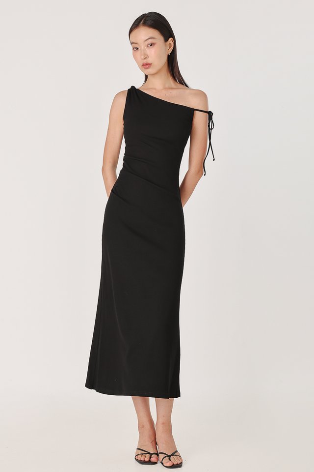 JAYLEA PADDED OFF-SHOULDER RIBBON RIBBED MAXI DRESS (BLACK)
