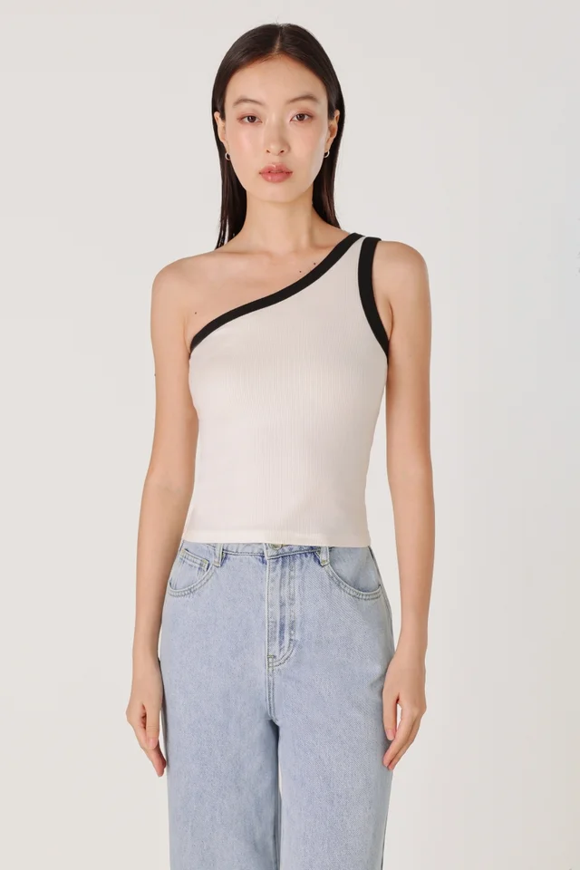NOREEN PADDED CONTRAST TRIM RIBBED TOGA TOP (WHITE WITH BLACK TRIM)