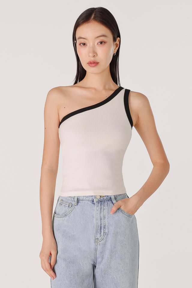 NOREEN PADDED CONTRAST TRIM RIBBED TOGA TOP (WHITE WITH BLACK TRIM)