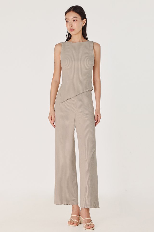 MARLOWE RIBBED LETTUCE HEM STRAIGHT LEG PANTS - PETITE (TAUPE)