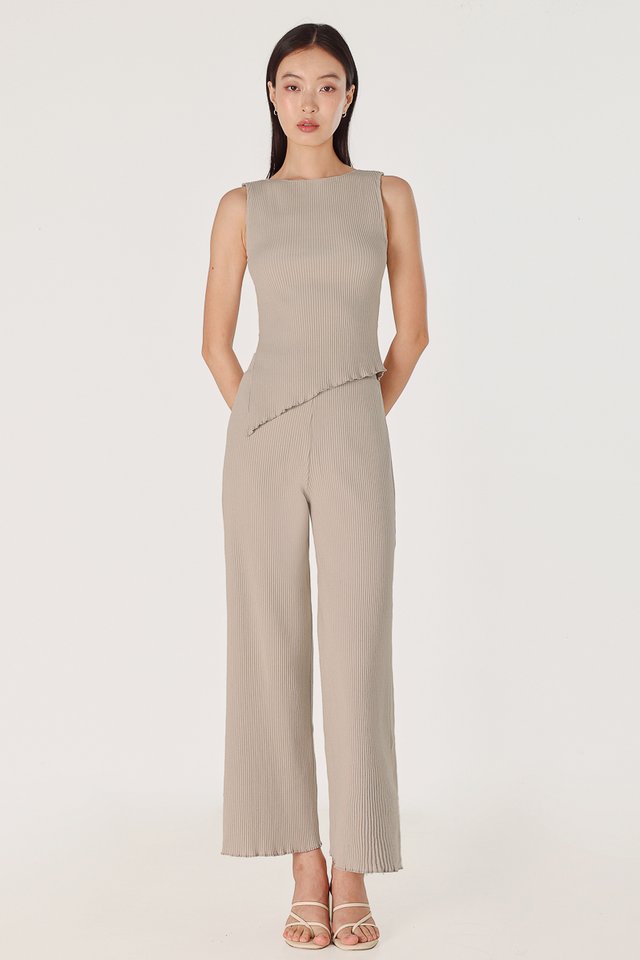 MARLOWE RIBBED LETTUCE HEM STRAIGHT LEG PANTS - REGULAR (TAUPE)