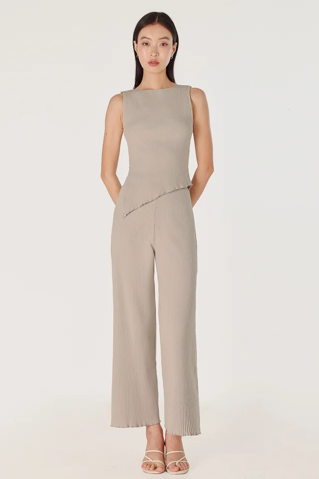 MARLOWE RIBBED LETTUCE HEM STRAIGHT LEG PANTS - REGULAR (TAUPE)