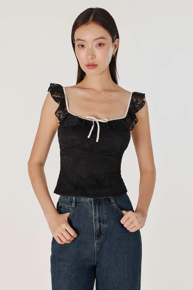 RUTHIE PADDED LACE RUFFLE RIBBON CONTRAST TRIM TOP (BLACK WITH WHITE TRIM)