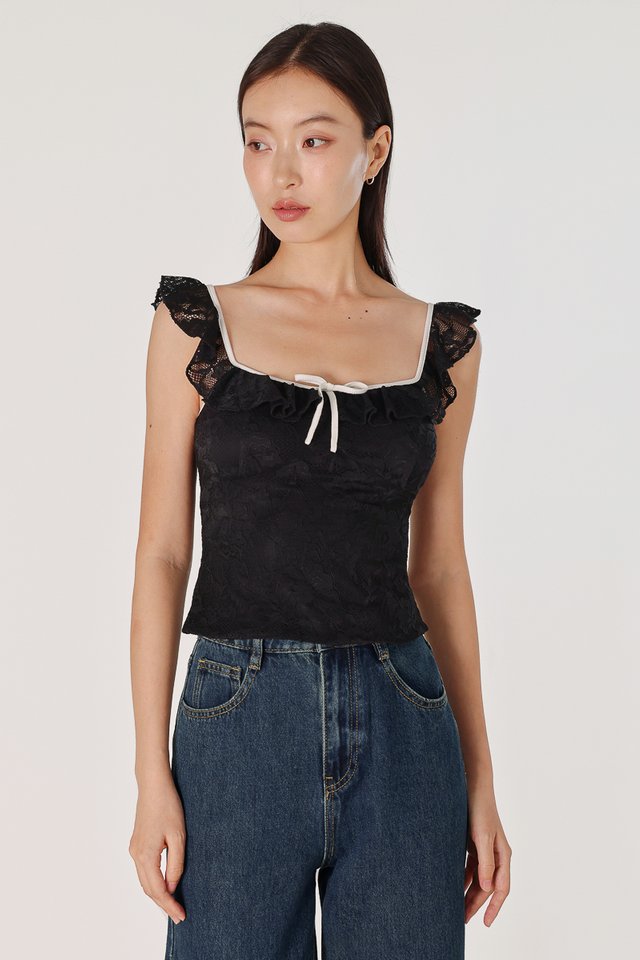 RUTHIE PADDED LACE RUFFLE RIBBON CONTRAST TRIM TOP (BLACK WITH WHITE TRIM)