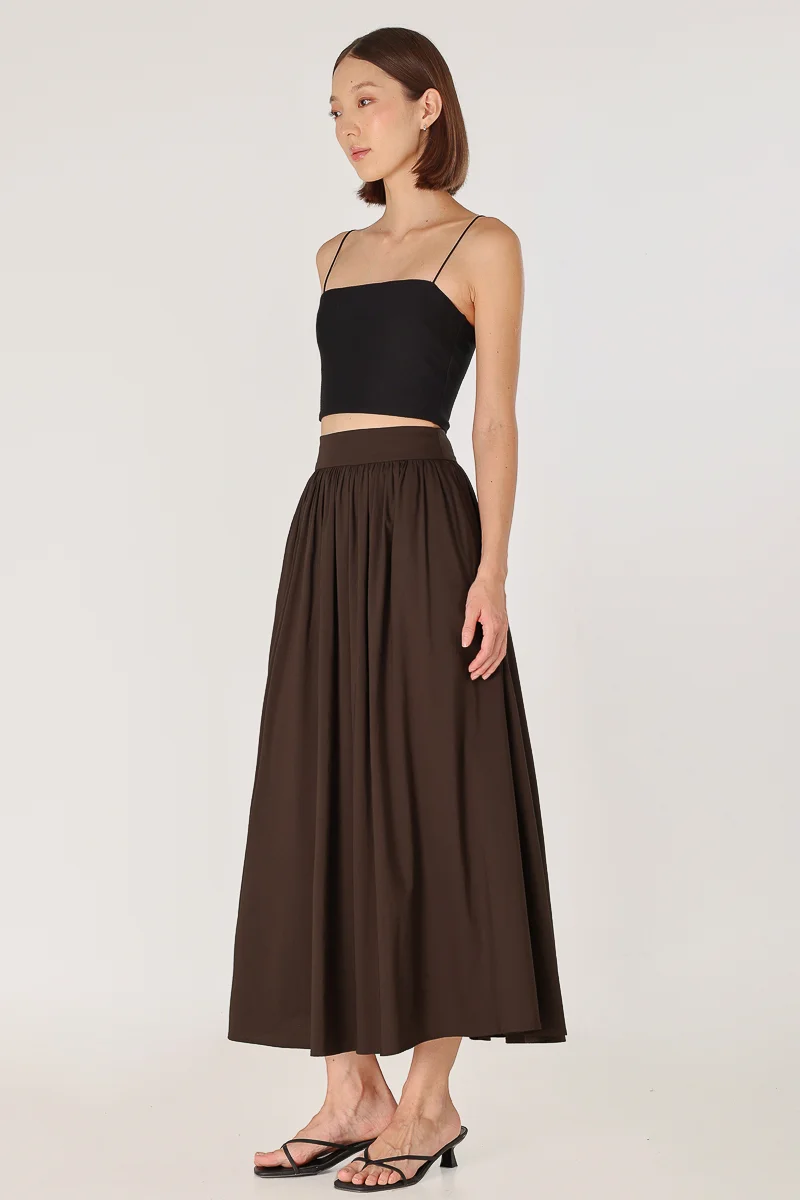 LAVERN THICK WAISTBAND FLARE MAXI SKIRT - REGULAR (BROWN) | Lovet