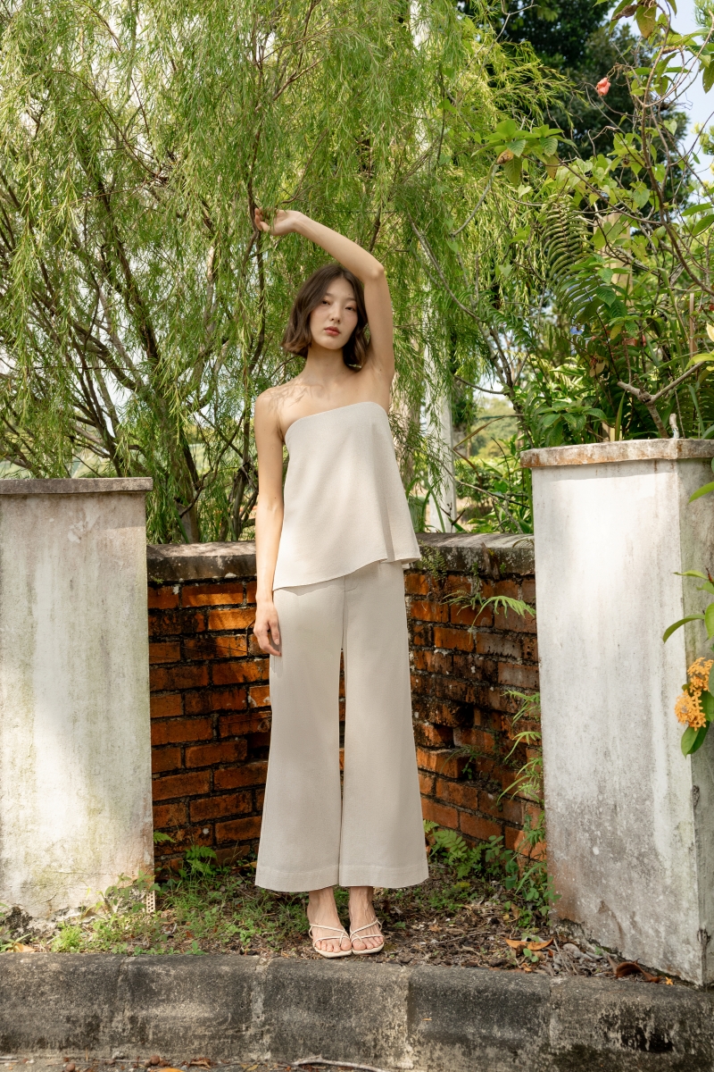 JUDITH LINEN FRONT CLASP WIDE LEG PANTS - REGULAR (NATURAL) | Lovet