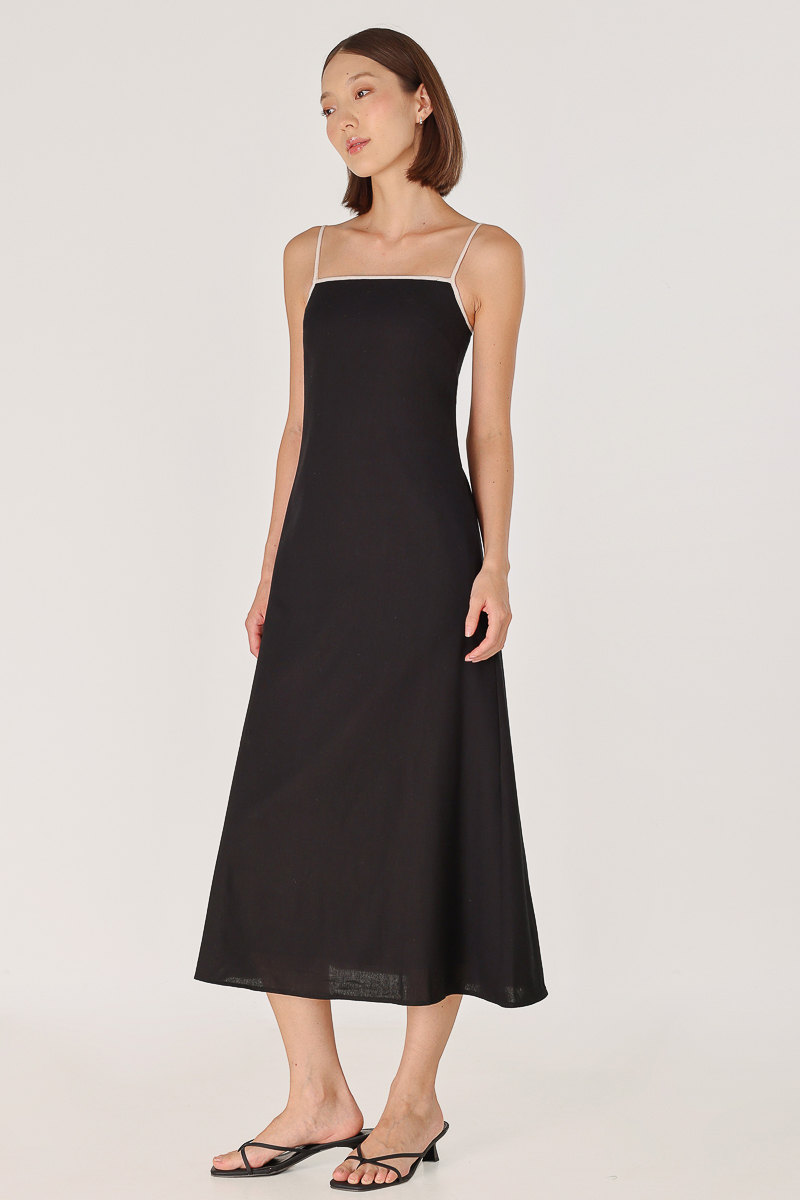 LELA PADDED LINEN CONTRAST TRIM TENT MIDAXI DRESS (BLACK) | Lovet