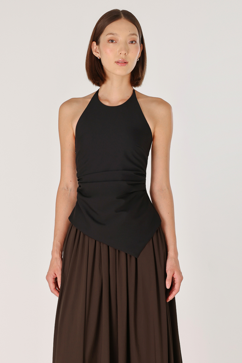BRYNNE PADDED HALTER TIE RUCHED ASYMMETRICAL HEM TOP (BLACK) | Lovet