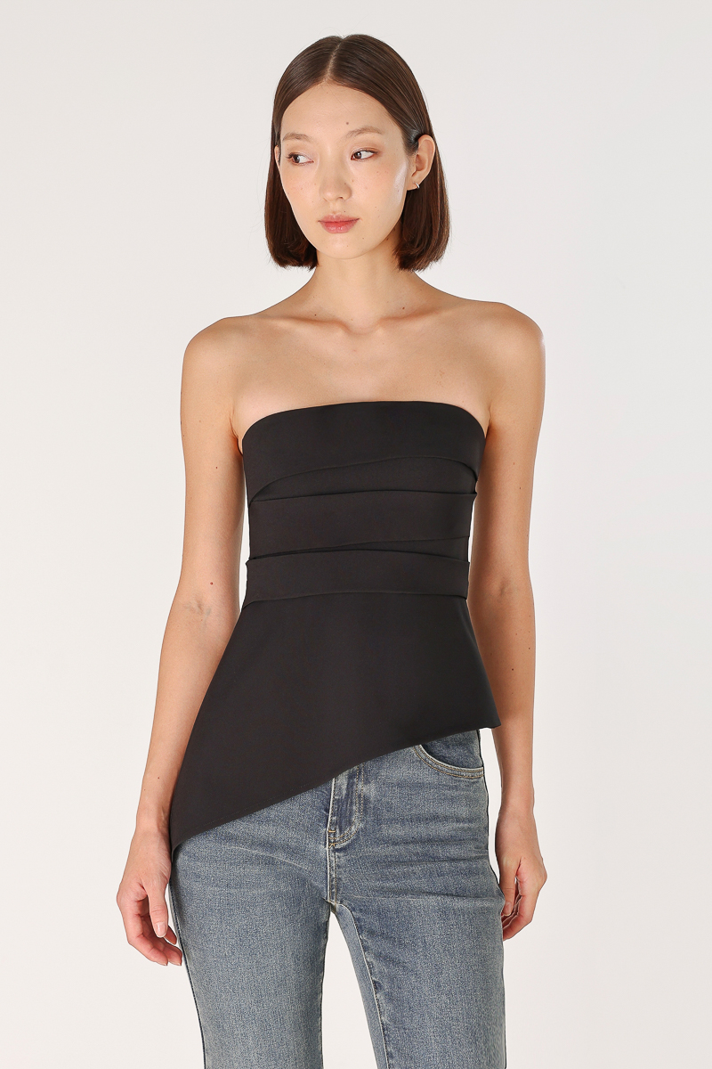NORALYN PADDED ASYMMETRICAL PLEATED TWO-WAY TOP (BLACK) | Lovet