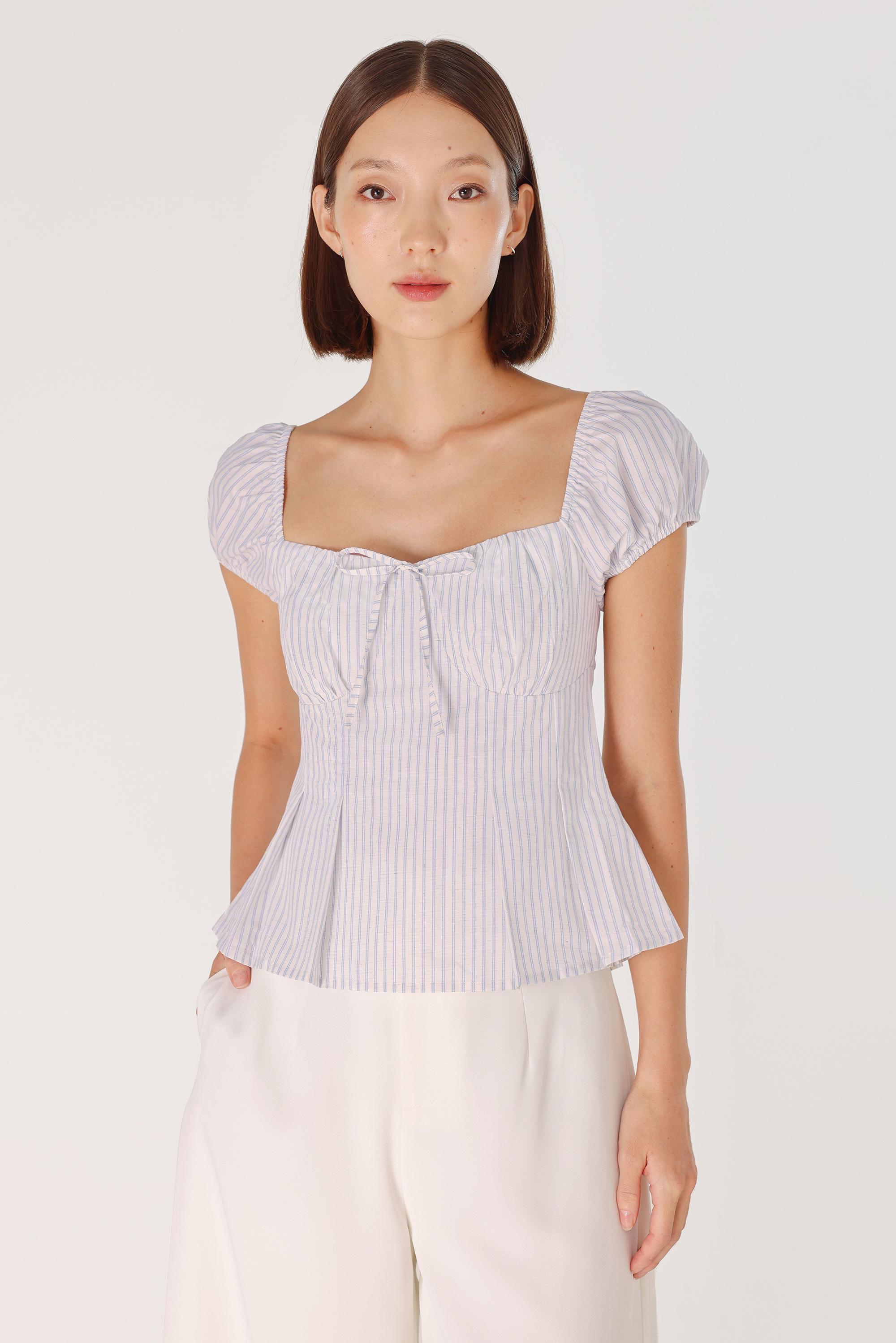 LENI PADDED PLEATED BUSTIER PUFFY SLEEVE TOP (STRIPED) | Lovet