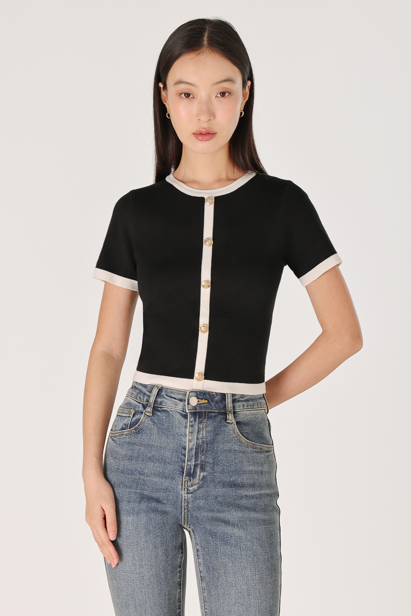 ETON CONTRAST TRIM VINTAGE BUTTON KNIT TOP (BLACK) | Lovet