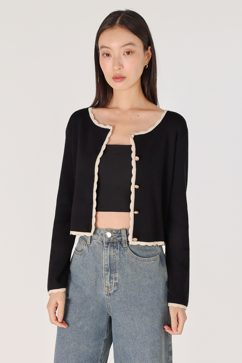 LEZANNE VINTAGE BUTTON CONTRAST SCALLOP TRIM KNIT CARDIGAN (BLACK
