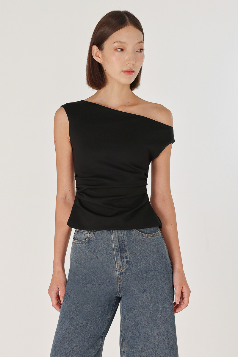 ELOUISA OFF SHOULDER SIDE RUCHED TOP (BLACK) | Lovet