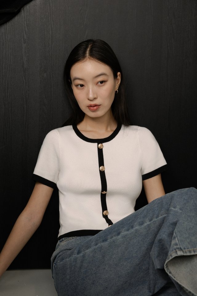 ETON CONTRAST TRIM VINTAGE BUTTON KNIT TOP (WHITE)
