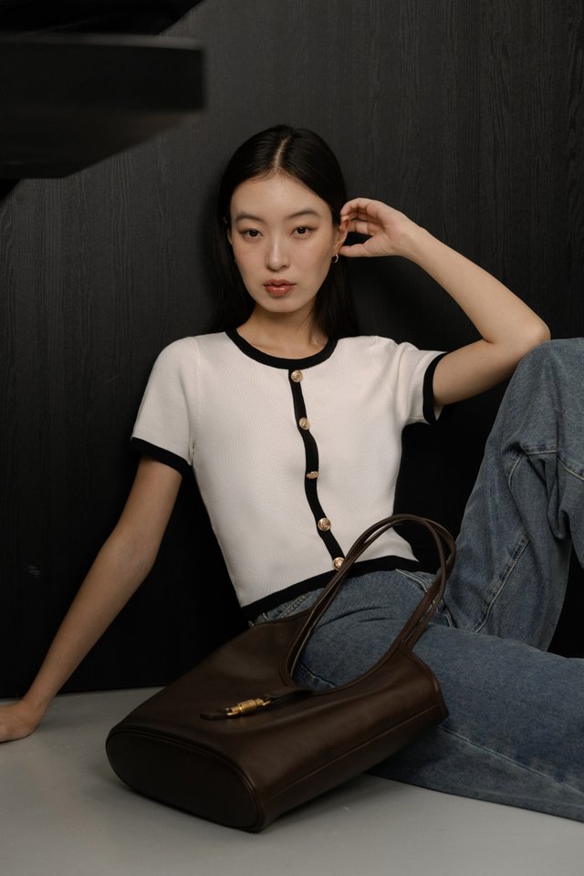 ETON CONTRAST TRIM VINTAGE BUTTON KNIT TOP (WHITE)