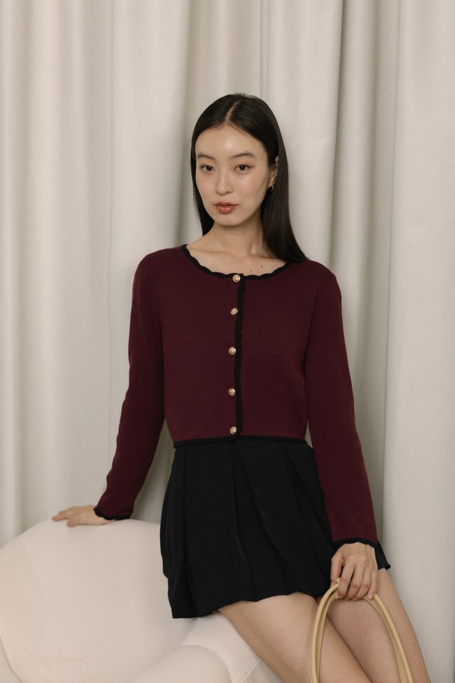 LEZANNE VINTAGE BUTTON CONTRAST SCALLOP TRIM KNIT CARDIGAN (WINE WITH BLACK TRIM)