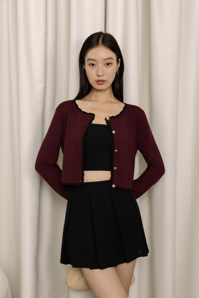 LEZANNE VINTAGE BUTTON CONTRAST SCALLOP TRIM KNIT CARDIGAN (WINE WITH BLACK TRIM)