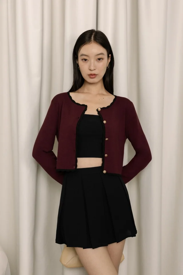 LEZANNE VINTAGE BUTTON CONTRAST SCALLOP TRIM KNIT CARDIGAN (WINE WITH BLACK TRIM)