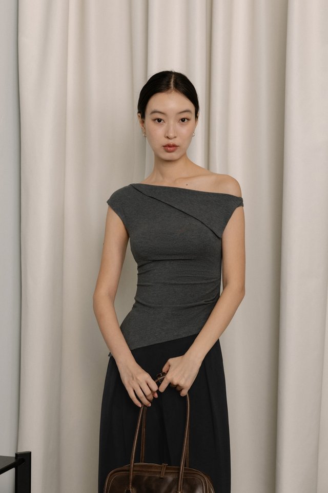 VERENE PADDED FOLDOVER ASYMMETRICAL SIDE SLIT JERSEY TOP (DARK GREY)