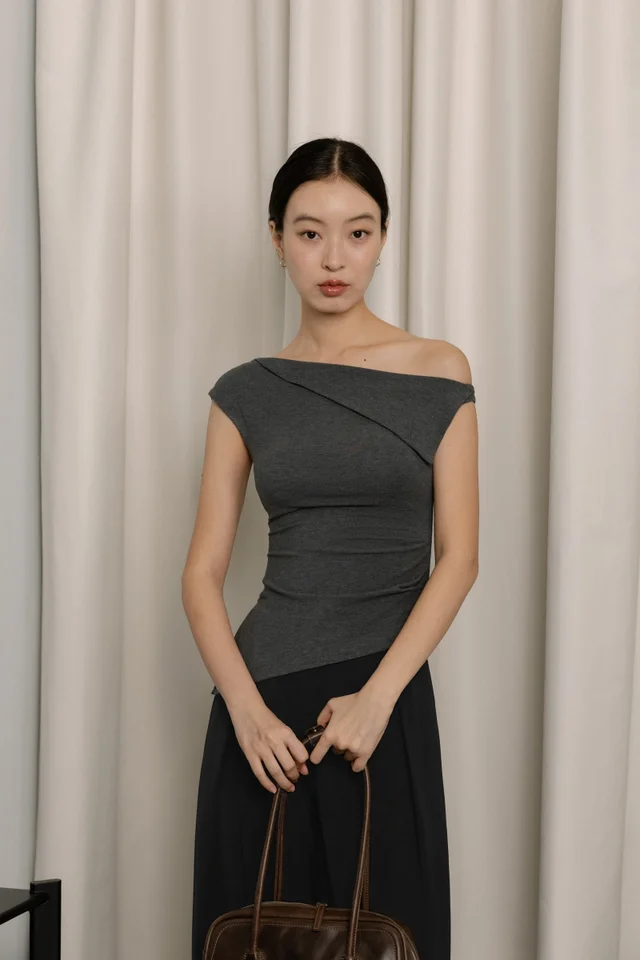 VERENE PADDED FOLDOVER ASYMMETRICAL SIDE SLIT JERSEY TOP (DARK GREY)