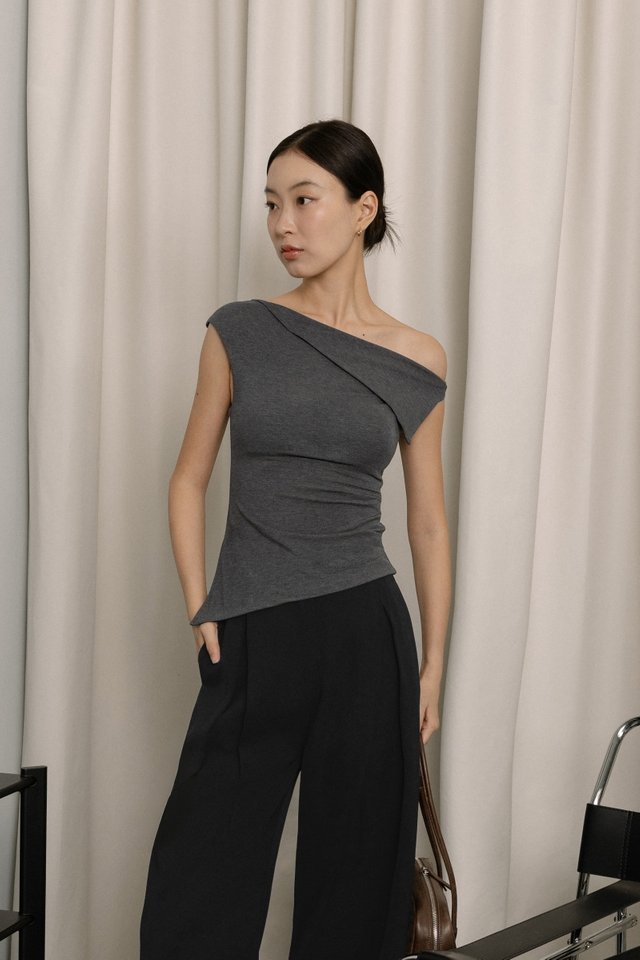 VERENE PADDED FOLDOVER ASYMMETRICAL SIDE SLIT JERSEY TOP (DARK GREY)
